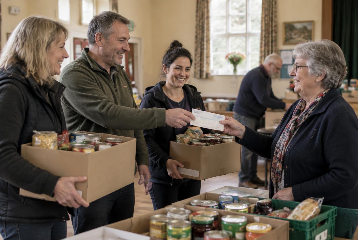 Volunteers in aprons handing out food parcels and hot drinks at a community hall in a British town