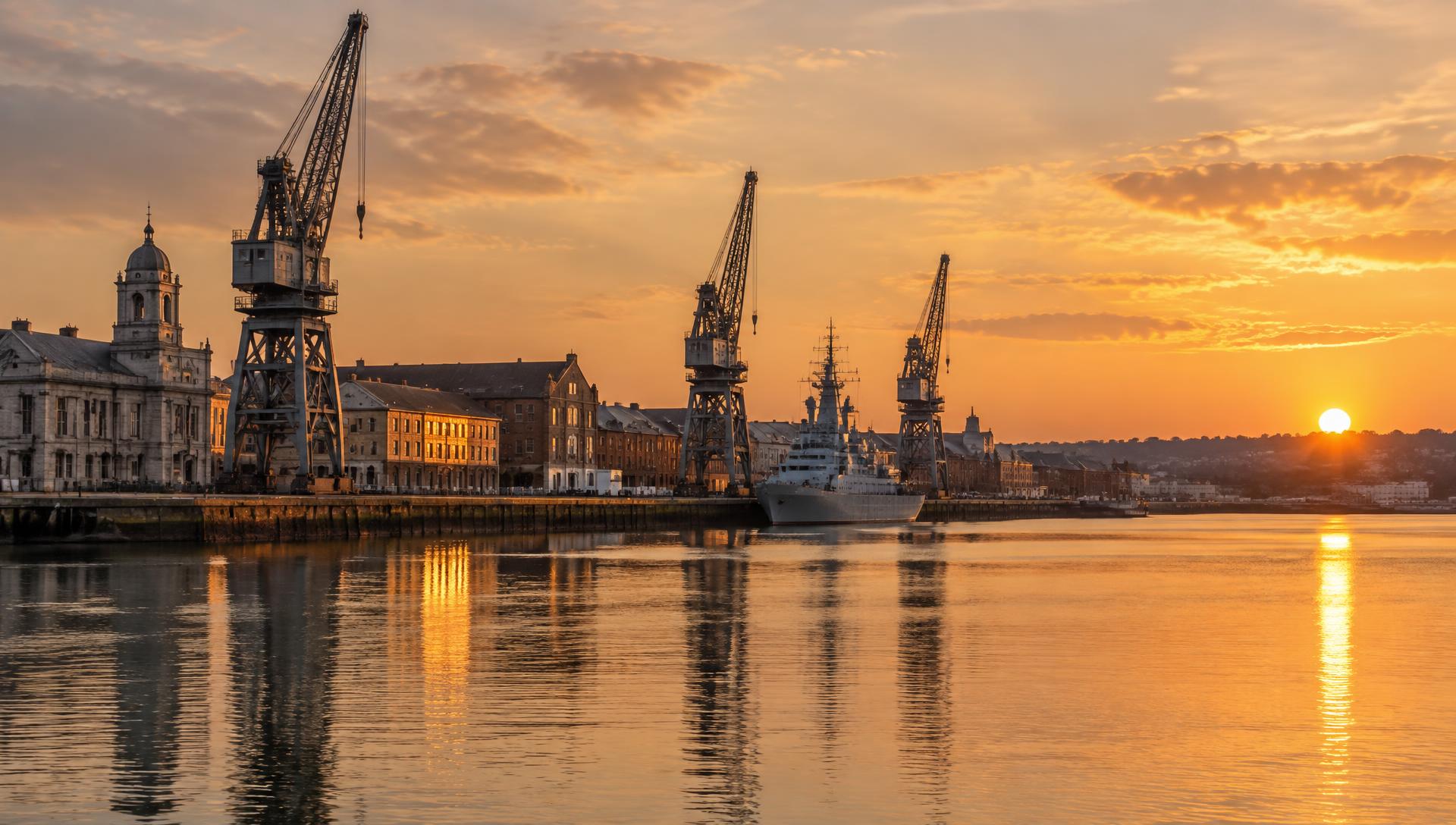 Evening light on the River Medway beside the historic cranes and buildings of Chatham Dockyard