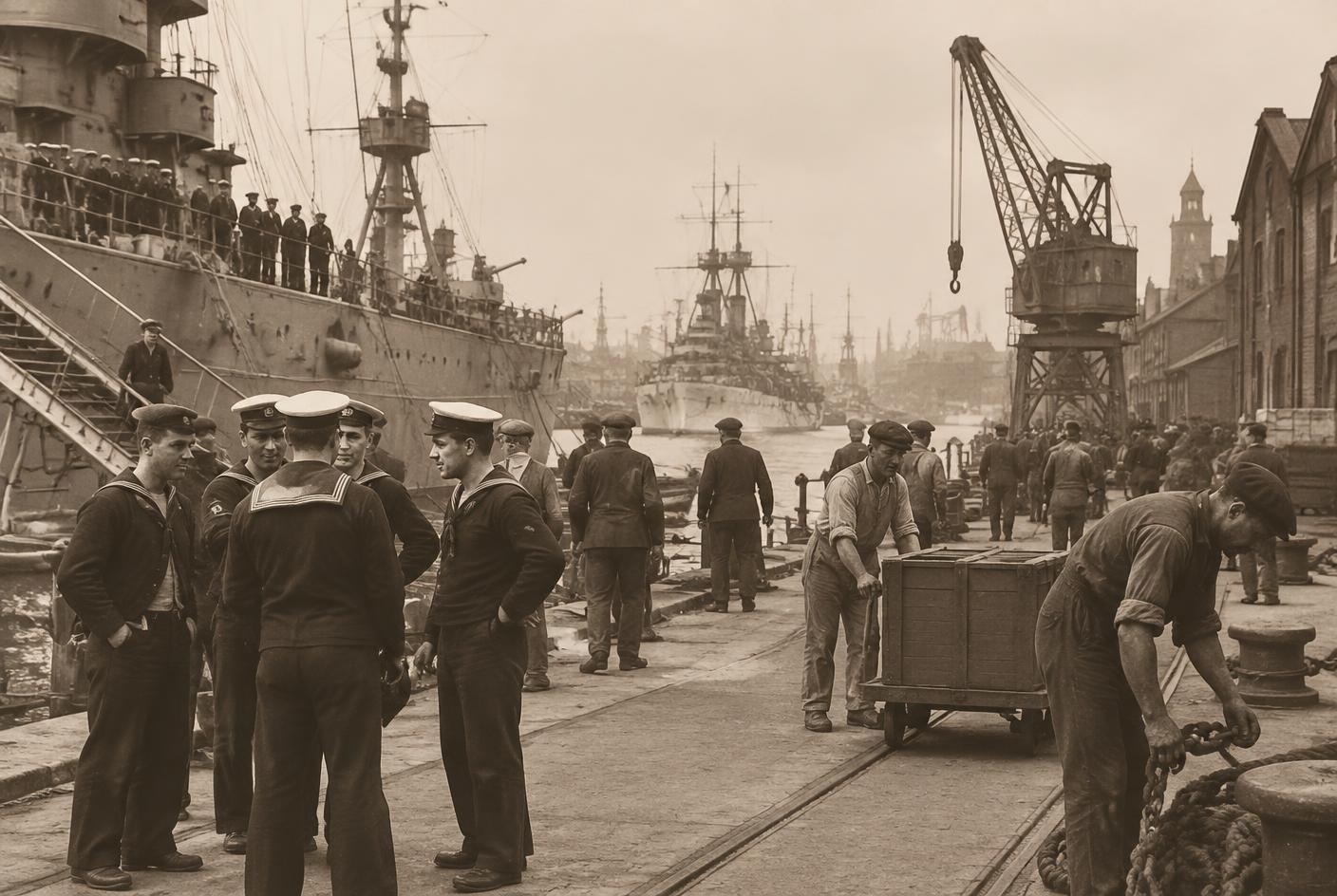 Sailors and dockyard workers on a quayside at Chatham Naval Dockyard in the early twentieth century, with warships alongside