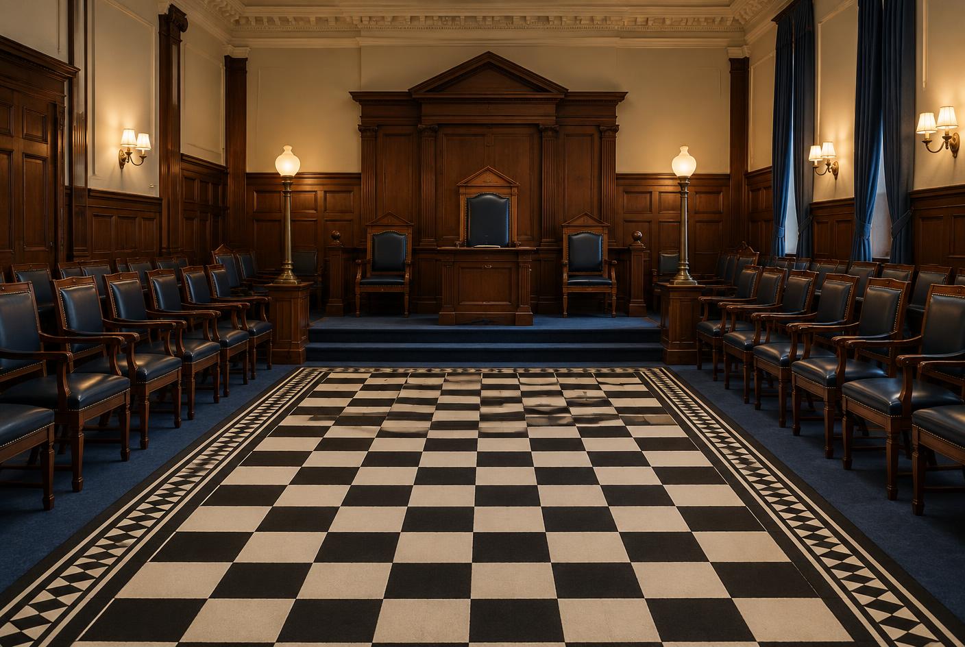 A traditional lodge room with panelled walls, rows of wooden chairs and a chequered floor, set out ready for a meeting