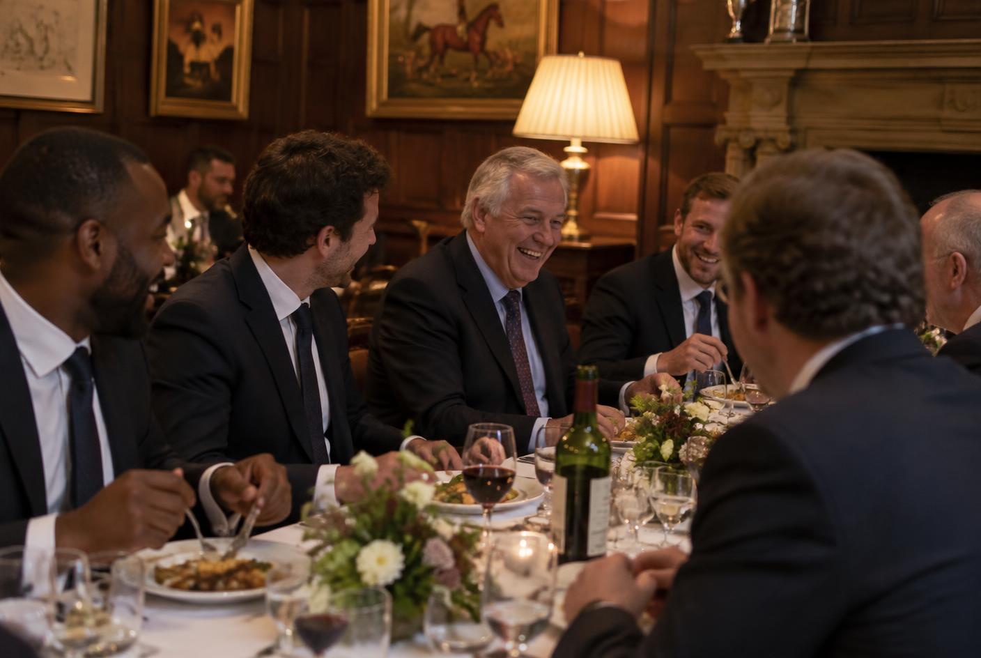 Members of a Lodge in dark suits talking and laughing together over a meal in a panelled dining room